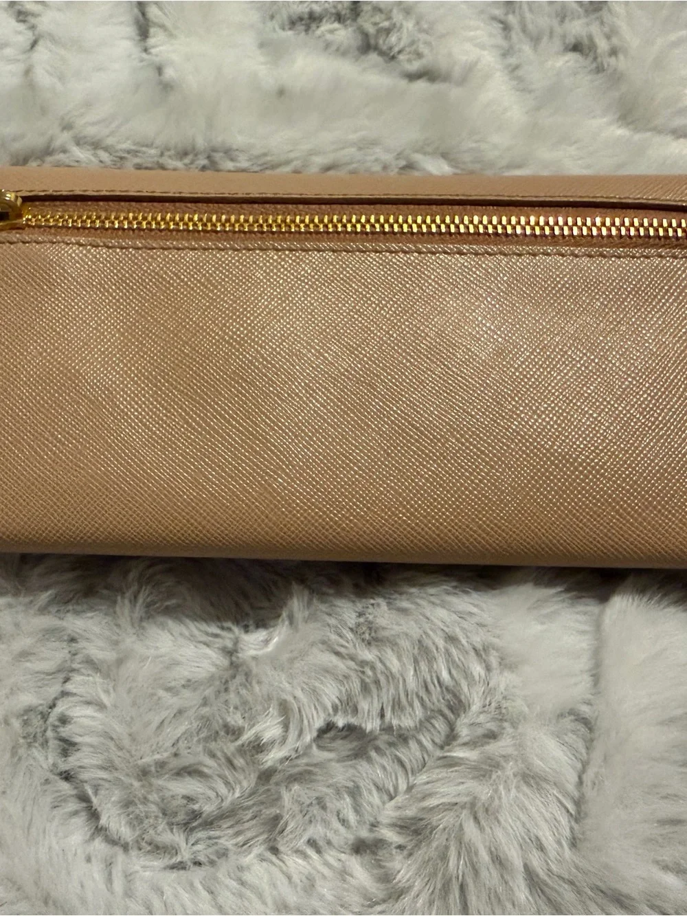 Prada Beige Saffiano Leather Continental Wallet with Gold Logo